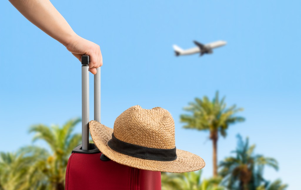 Woman with red suitcase standing on passenger stairs of airplane in front of sea of palm trees. The concept of tourism